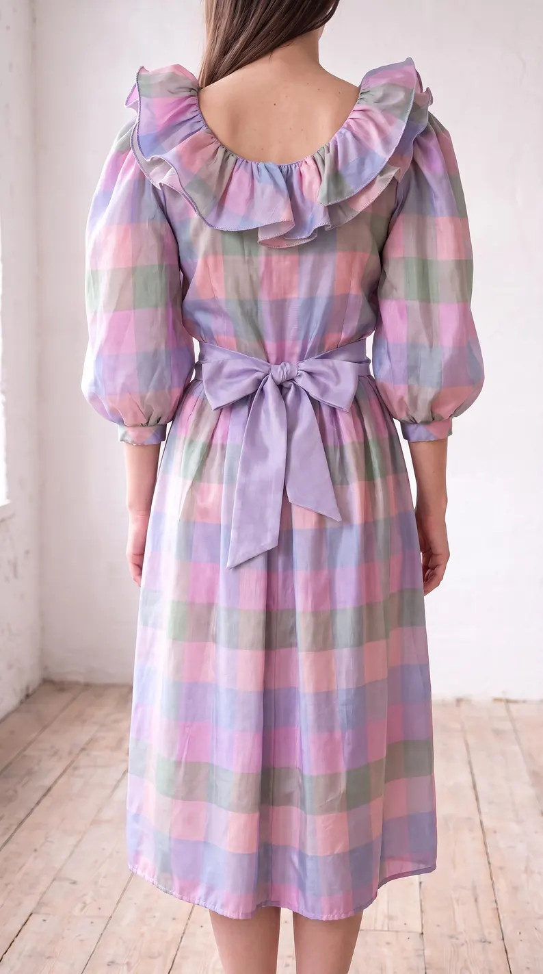 1980s Donna Morgan Pastel Plaid Ruffle Dress | Vintage 80s Puff Sleeve Dress | Etsy (Global)
