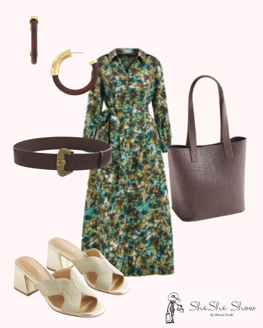  Green print Long sleeve shirt dress 
Brown belt
Tote bag
Gold slides 

 

#LTKSaleAlert #LTKOver40 #LTKStyleTip