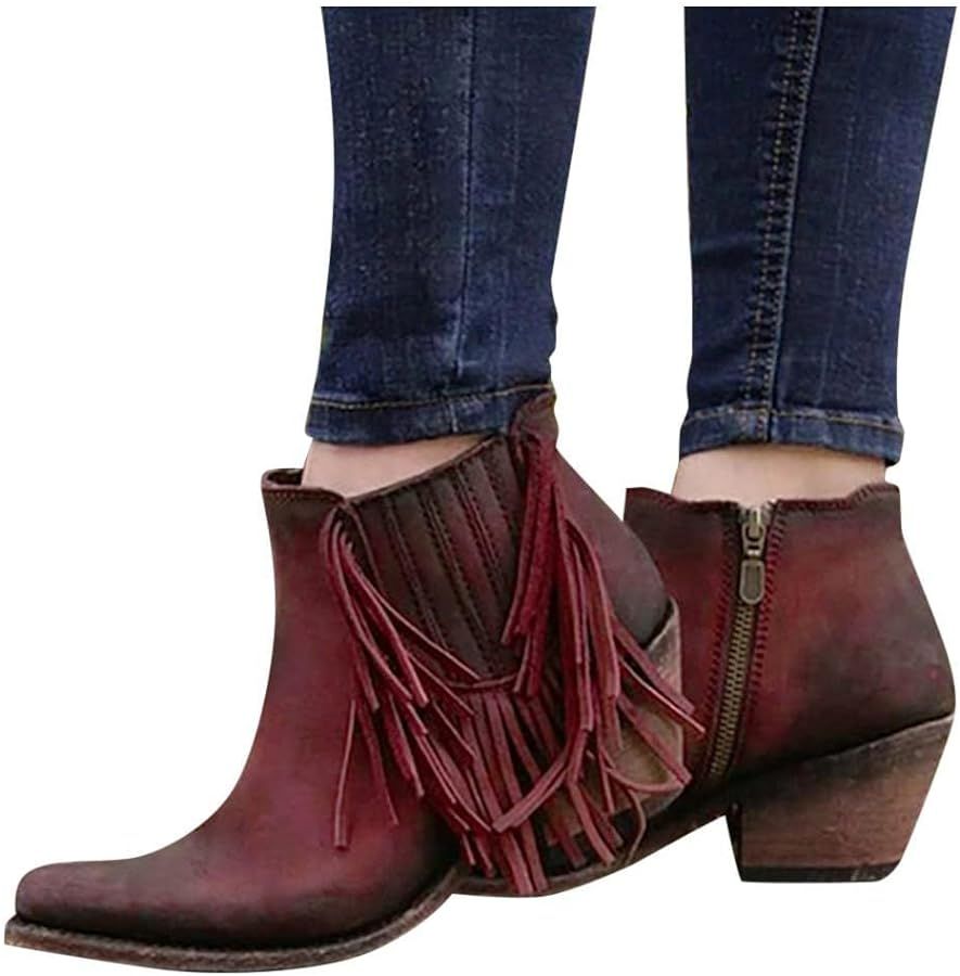 Womens Cowboy Boots Western Fringe Low Heel Ankle Booties Vintage Tassel Pointed Toe Chunky Low H... | Amazon (US)