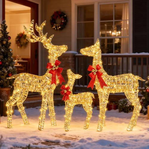 Ultym 3 Piece Large Pre-Lit Christmas Deer Family Set, 54in Lighted Deer Outdoor Yard Decorations, 3D Holiday Reindeer Decor with 350 Warm White Lights & Ground Stakes for Patio Lawn Garden | Amazon (US)