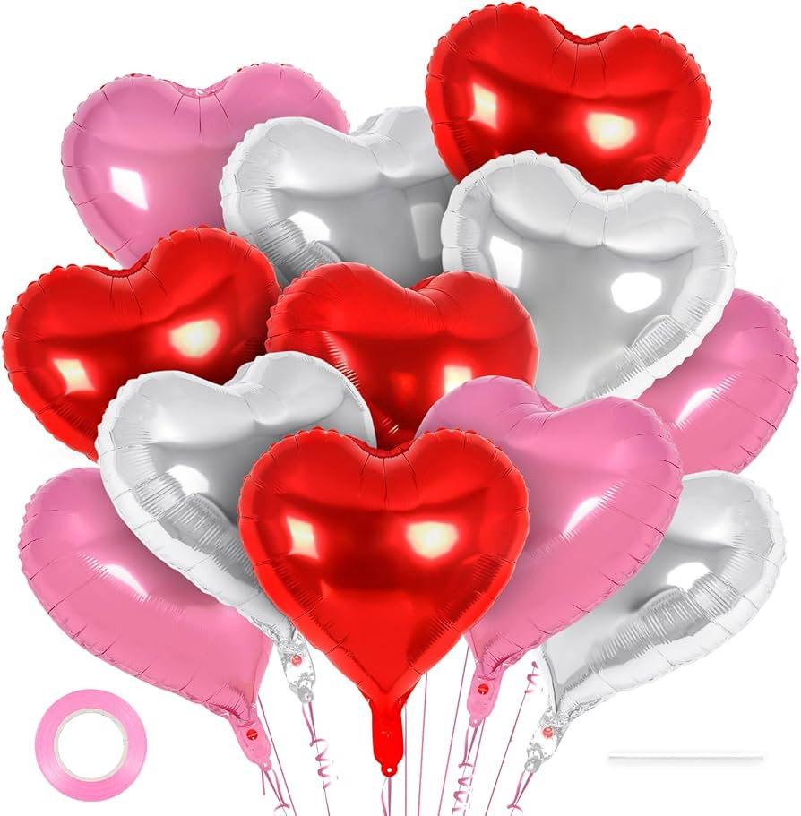 12 Pcs Red Pink and Silver Heart Balloons,18 Inch Heart Foil Balloons Love Balloon Valentine Ball... | Amazon (US)