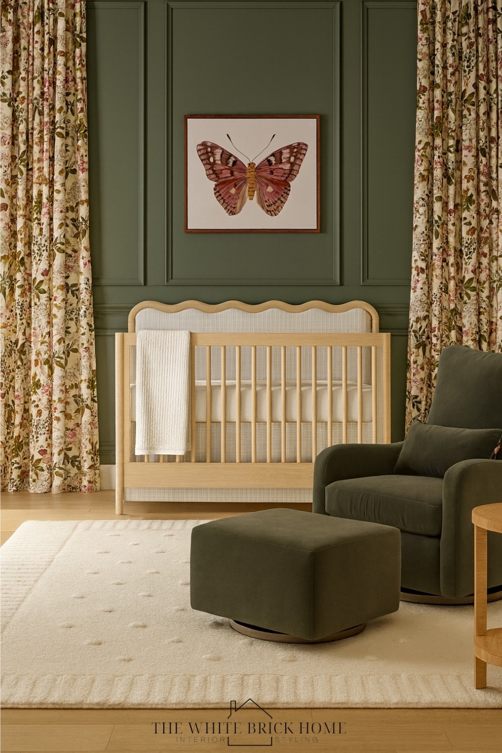 This nursery design blends timeless charm with modern touches - green walls, floral drapes and soft natural textures for a cozy nursery retreat!

Nursery, nursery decor, nursery design, nursery ideas, green nursery, nursery inspiration, baby girl, baby girls bedroom, kids room, green nursery design, girls nursery design, girls butterfly and floral nursery design, nursery rug, crib, nursery furniture, nursery glider, nursery design ideas, nursery decor, nursery table, nursery side table, nursery wall art, nursery bedding, crate and kids, west elm, minters, Anthropologie 

#LTKBaby #LTKBump #LTKHome