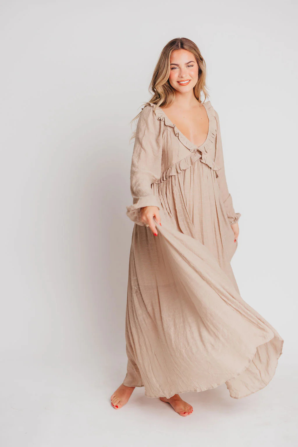 Let It Be Ruffled Maxi Dress with Plunging Neckline in Sand - Bump Fri | Worth Collective