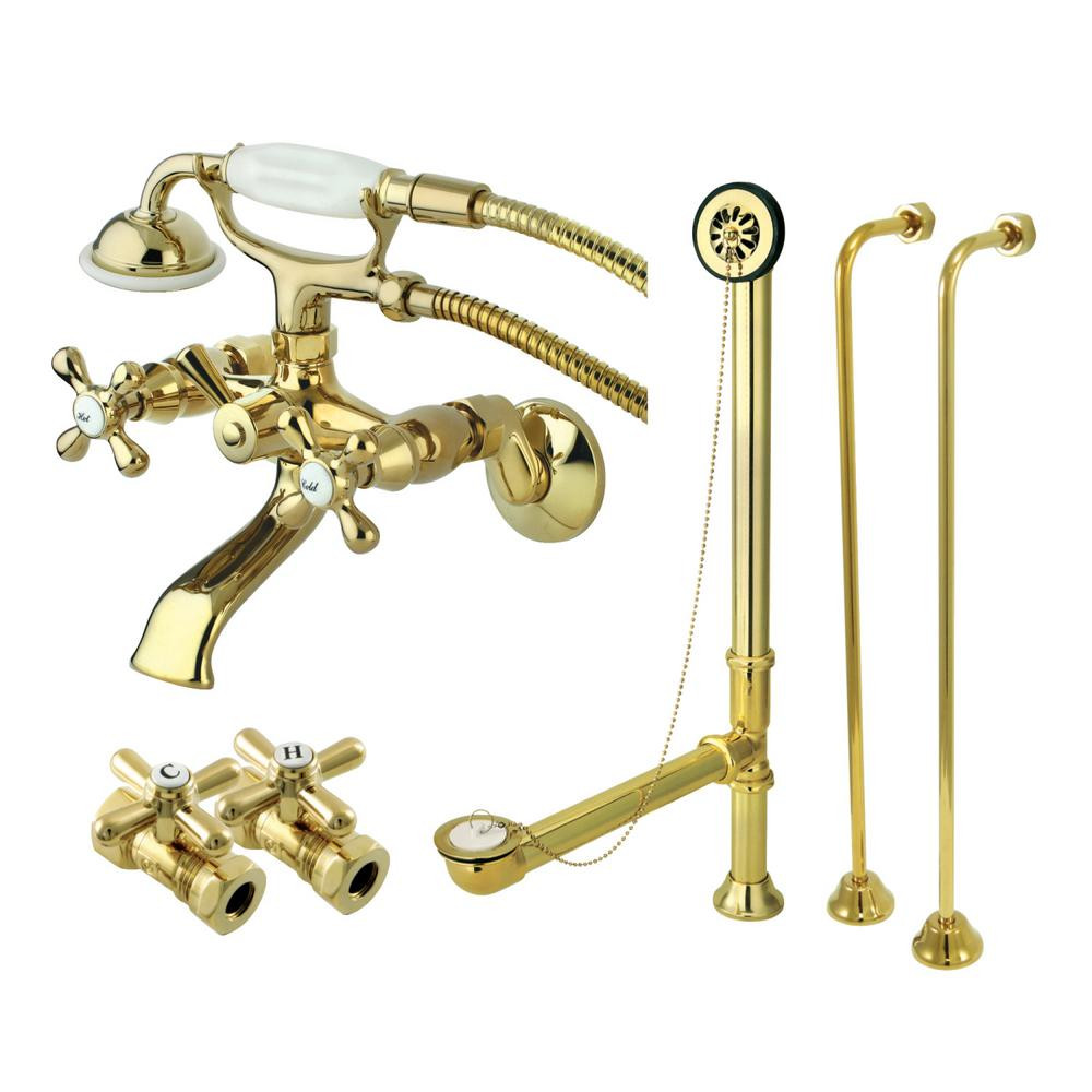 Kingston Brass Vintage Wall Mount 3-Handle Claw Foot Tub Faucet with Supply Line and Drain in Polish | The Home Depot