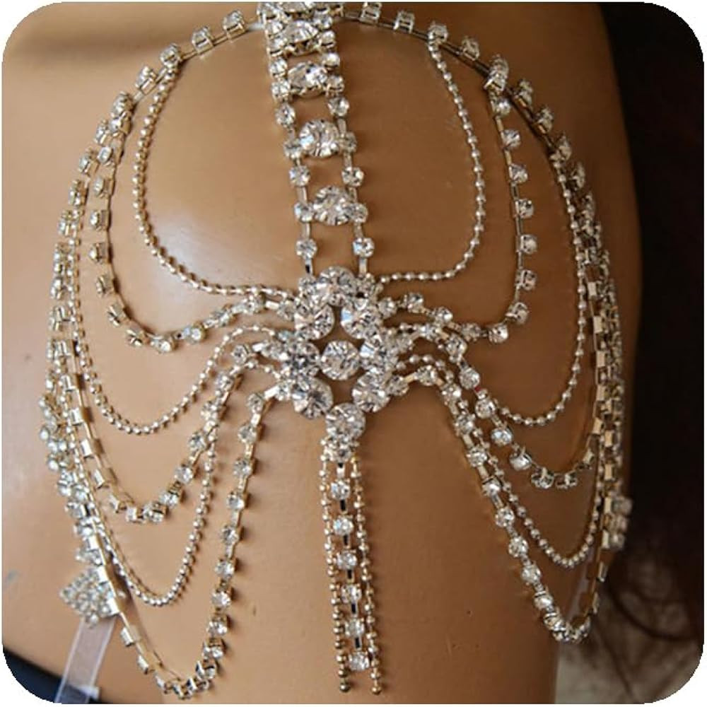YERTTER Sparkly Silver Layered Tennis Chain Body Chain Tassel Rhinestone Shoulder Chain Body Chai... | Amazon (US)
