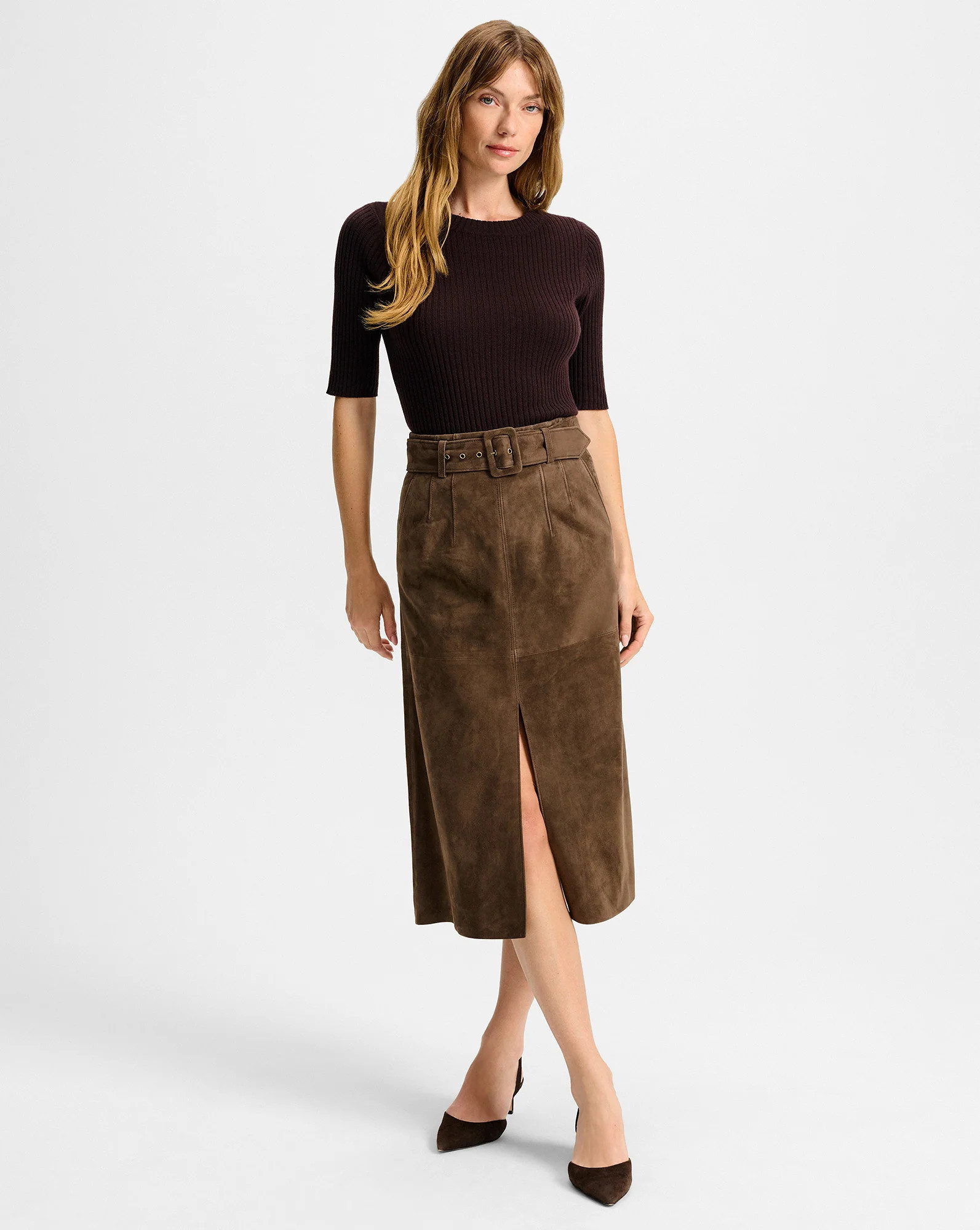 Veronica Beard Alexie Suede Midi Skirt Mocha | Veronica Beard
