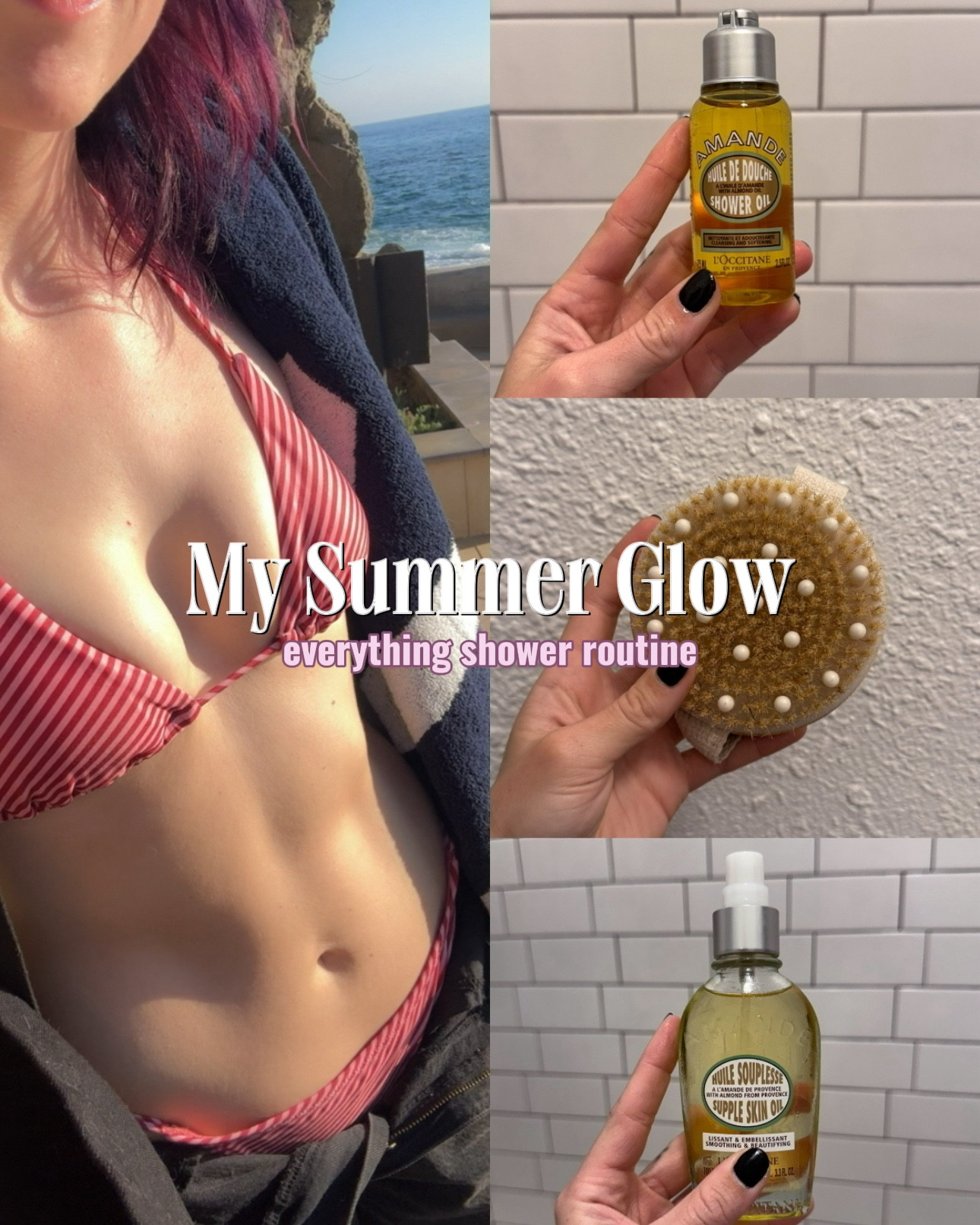 here is my current favorite shower routine to give my skin a beautiful summer glow! ☀️ step 1: dry brush (do this 3-4 times a week before your shower) step 2: cleanse with method body wash step 3: scrub with tree hut vanilla shea butter sugar scrub step 4: prep my skin with tree hut vanilla shave oil step 5: shave with flamingo razor 🪒  step 6: hydrate & cleanse with l’occitane shower oil step 7: pat my skin dry with a soft towel step 8: moisturize with vaseline coca radiant lotion step 9: hydrate & glow with l’occitane supple skin oil

@Target 

#LTKselfcare #LTKmorningroutine