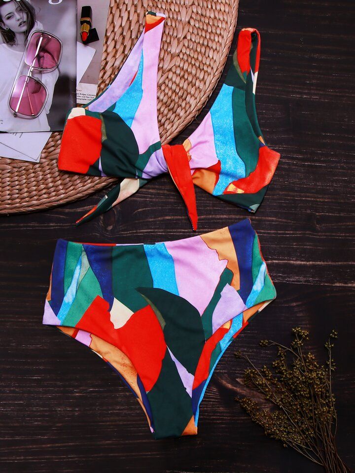 SHEIN Swim Vcay Allover Graphic Knot Front Bikini Swimsuit | SHEIN