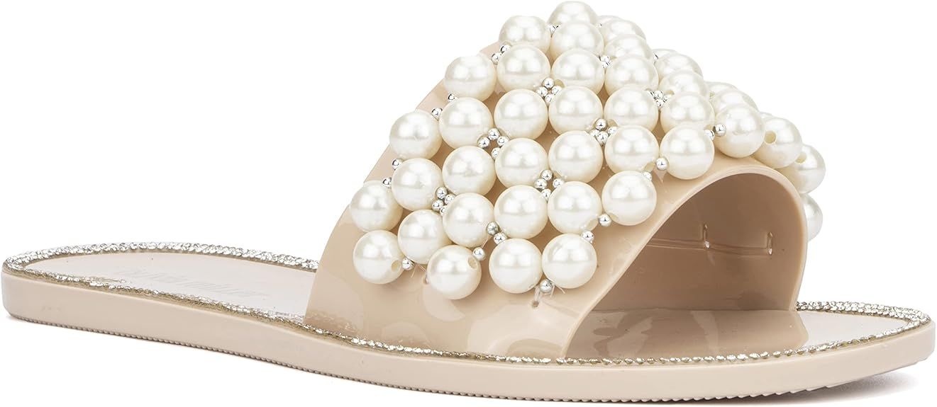 Olivia Miller Women’s Fashion Ladies Shoes, PVC Jelly w Pearls Wide Strap Single Band Slip On O... | Amazon (US)