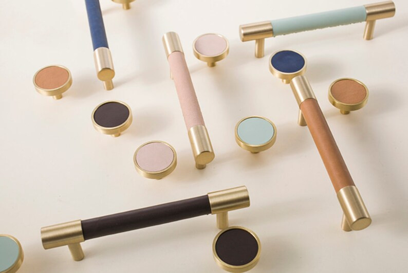 3.75'' 5'' 8.8'' Brass Leather Cabinet Pull Kitchen Door Hardware Drawer Handles Pink Navy Dresse... | Etsy (US)