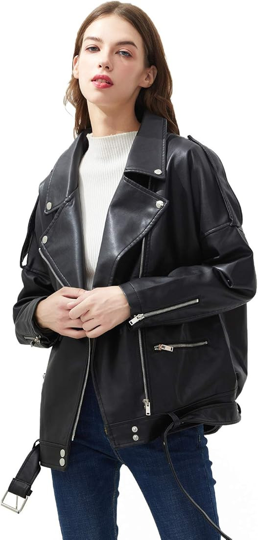 LY VAREY LIN Women Black Faux Leather Jackets Zipper Casual Short Coat Turn-down Collar Motor Bik... | Amazon (US)