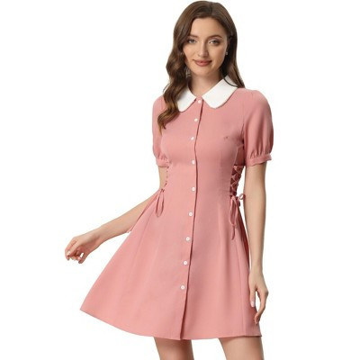 INSPIRE CHIC Women's Vintage Peter Pan Collar Short Sleeve Button Down A-Line Mini Dress Small Pink | Target
