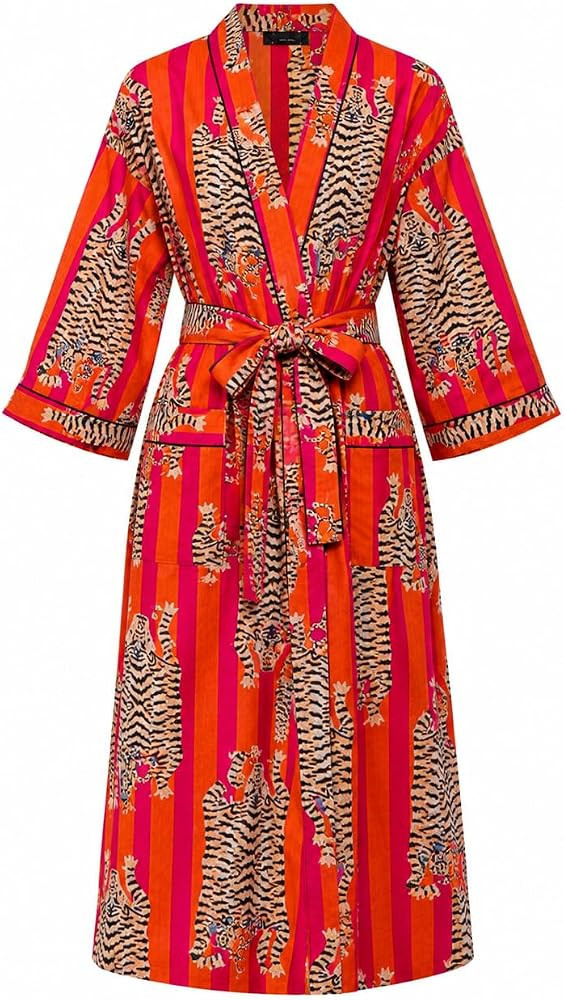 COTSILER Cotton Block Print Kimono Robe for Women Long Bathrobe with Belt & Pockets For Summer Li... | Amazon (US)