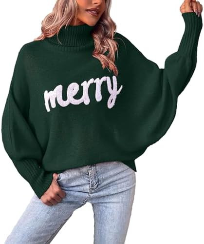 Merry Christmas Sweater for Women 2025 Long Batwing Sleeve Turtleneck Oversized Pullover Jumper F... | Amazon (US)