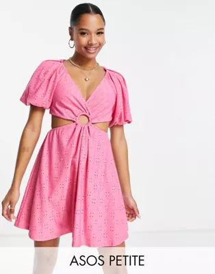 ASOS DESIGN Petite eyelet volume sleeve mini cut out dress in pink | ASOS (Global)