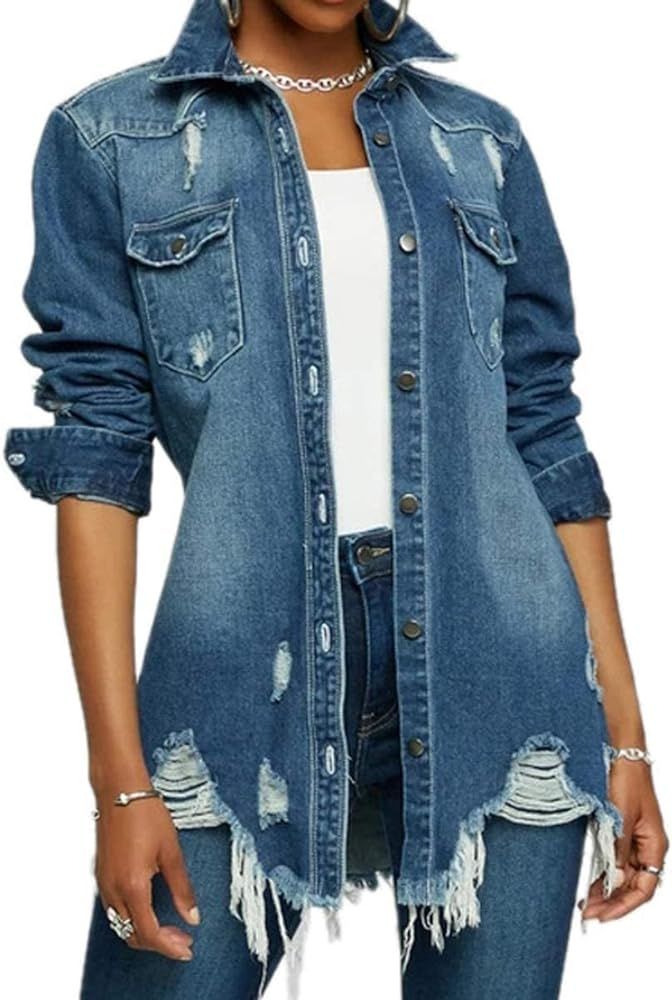 DvaeMalligo Distressed Jean Jacket for Women Ripped Long Sleeve Oversized Denim Trucker Jackets | Amazon (US)