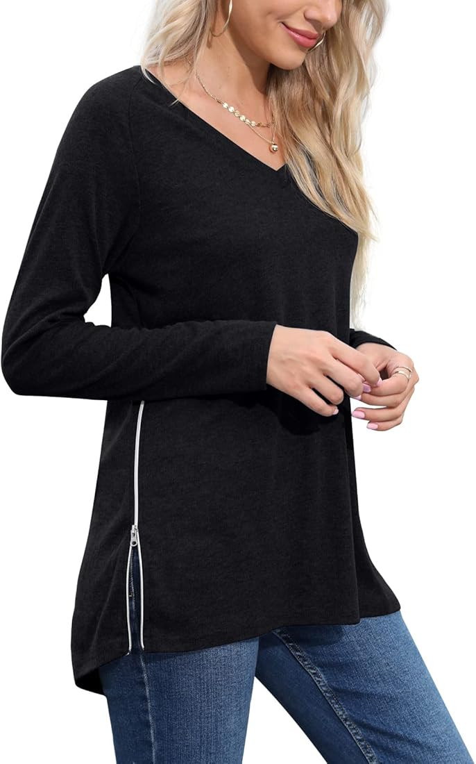 2022 Fall Womens Tops Casual V-Neck Soft Long Sleeves Tunic Shirt Basic Split Blouse with Side Zippe | Amazon (CA)