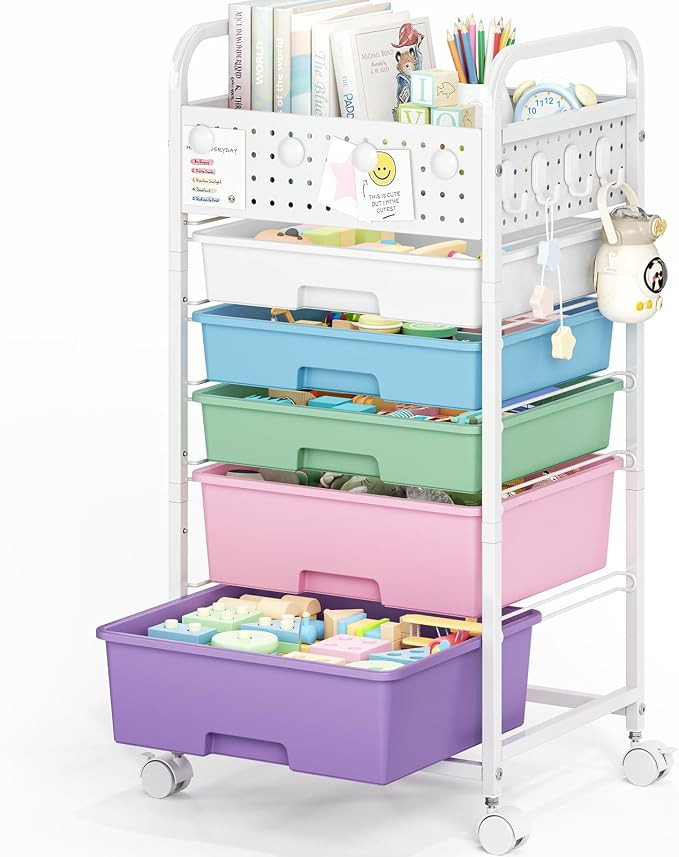 5 Drawer Rolling Storage Cart with Pegboard Top and Hooks, Ice Cream | Mobile Organizer Cart with... | Amazon (US)