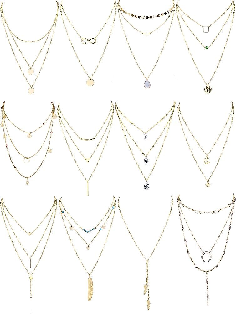 12 PCS Gold & Silver Tone Layered Necklace for Women Girls Sexy Long Choker Chain Y Necklace Bar ... | Amazon (US)