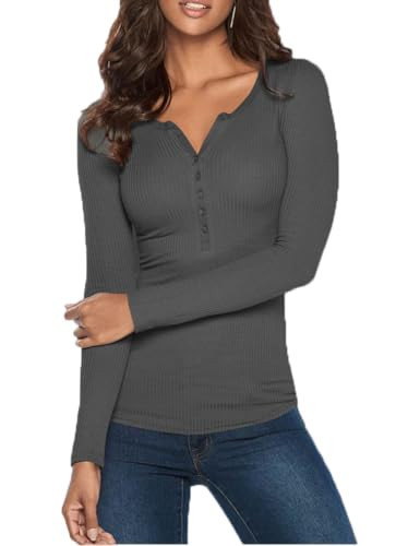 Poetsky Sexy Deep V-Neck Henley Long Sleeve T-Shirt for Women with Button Down Grey,S | Amazon (US)