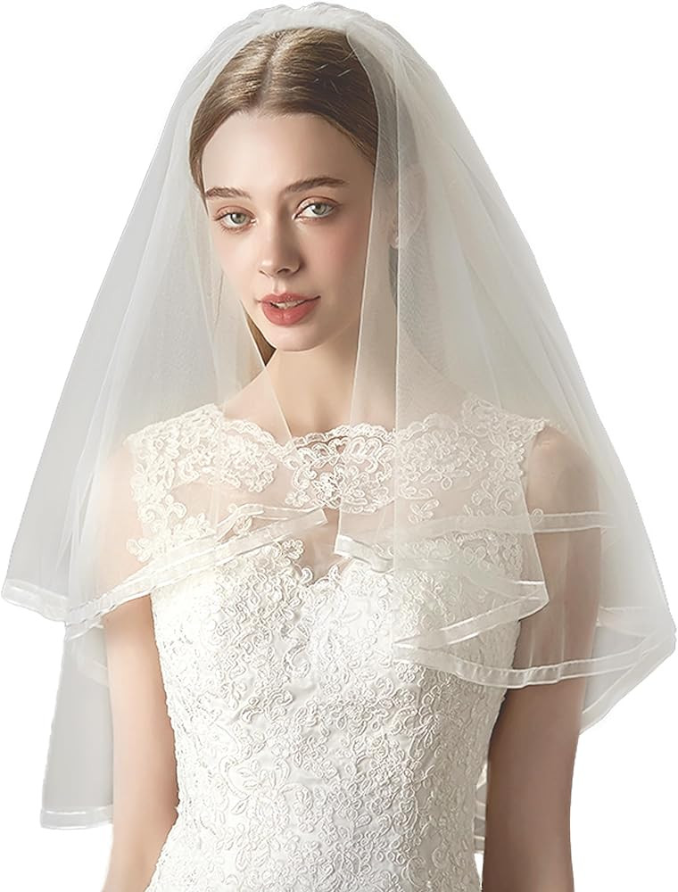 Ribbon Edge Wedding Veil White Tulle Bachelorette Party Veil 2 Tier Elegant Bride To Be Veil with... | Amazon (US)