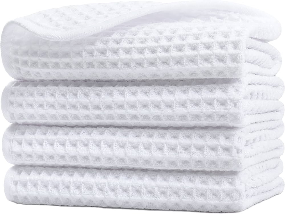 Polyte Microfiber Lint Free Washcloth Face Towel, 13 x 13 in, 4 Pack (White, Waffle Weave) | Amazon (US)