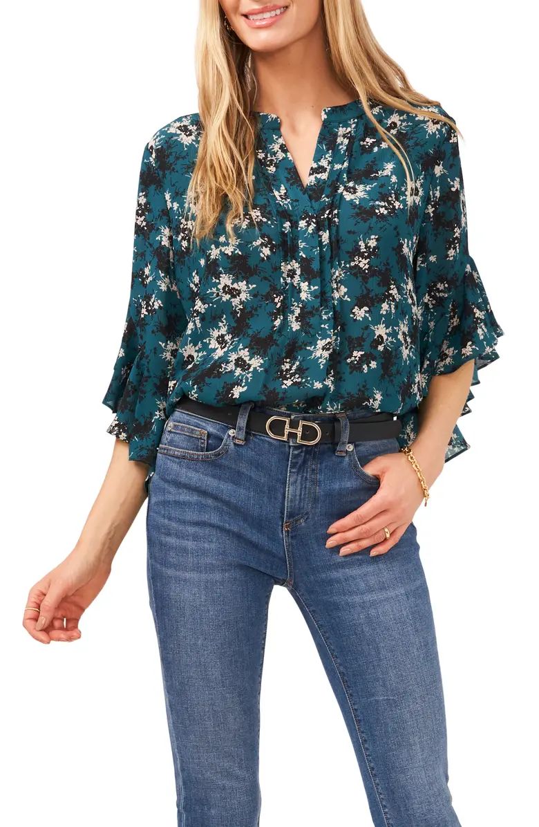 Ruffle Sleeve Split Neck Blouse | Nordstrom