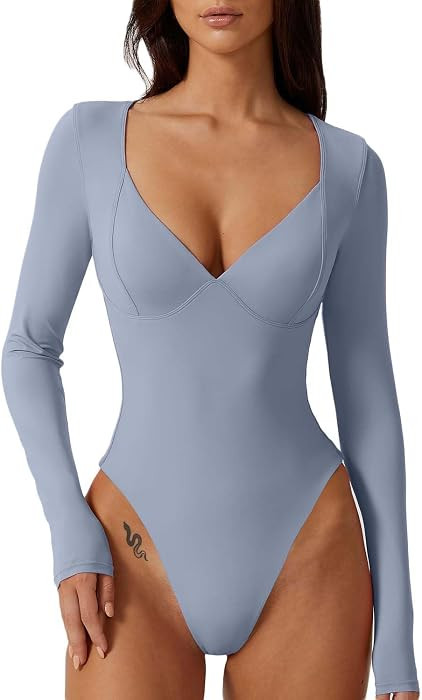 QINSEN Women's Long Sleeve Bodysuit V Neck Body Suits Seamed Cup Going Out Tops Shirt | Amazon (US)