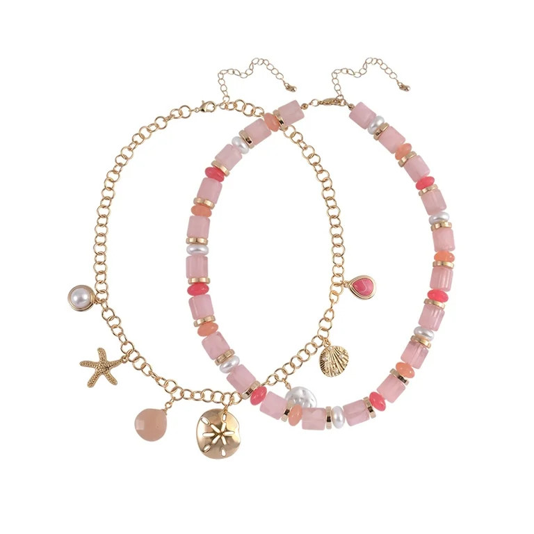 Time and Tru Adult Female Gold-Tone Metal Sea Motif Charms and Acrylic Bead 2 Row Necklace | Walmart (US)