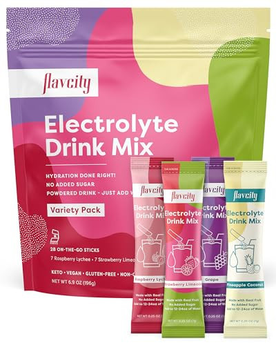 FlavCity Electrolytes Drink Mix, Variety Pack, 28 On-The-Go Stick Packs - Healthy Electrolytes Powder Packets Made with Real Fruit - Keto Powdered Drink with No Added Sugar, Gluten-Free | Amazon (US)