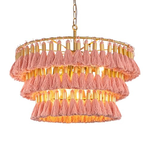 TOCHIC 8-Light Pink Fringe Chandelier, Boho Handmade Tassel Chandeliers Ceiling Light Round Coast... | Amazon (US)