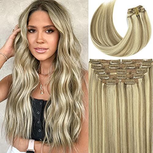Lacer Hair Hair Extensions Clip In Human Hair Thick Straight Hair Light Brown Highlights Platinum Bl | Amazon (US)