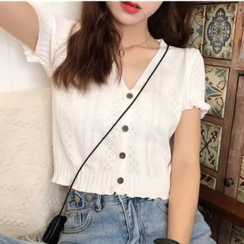 Muzly - Short-Sleeve Perforated Cropped Cardigan | YesStyle Global