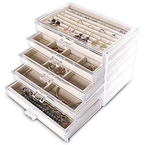 Frebeauty Extra Large Acrylic Jewelry Box for Women Girls 5 Layers Clear Velvet Earring Organizer with 5 Drawers Rings Display Case Necklaces Holder Tray (Beige) | Amazon (US)