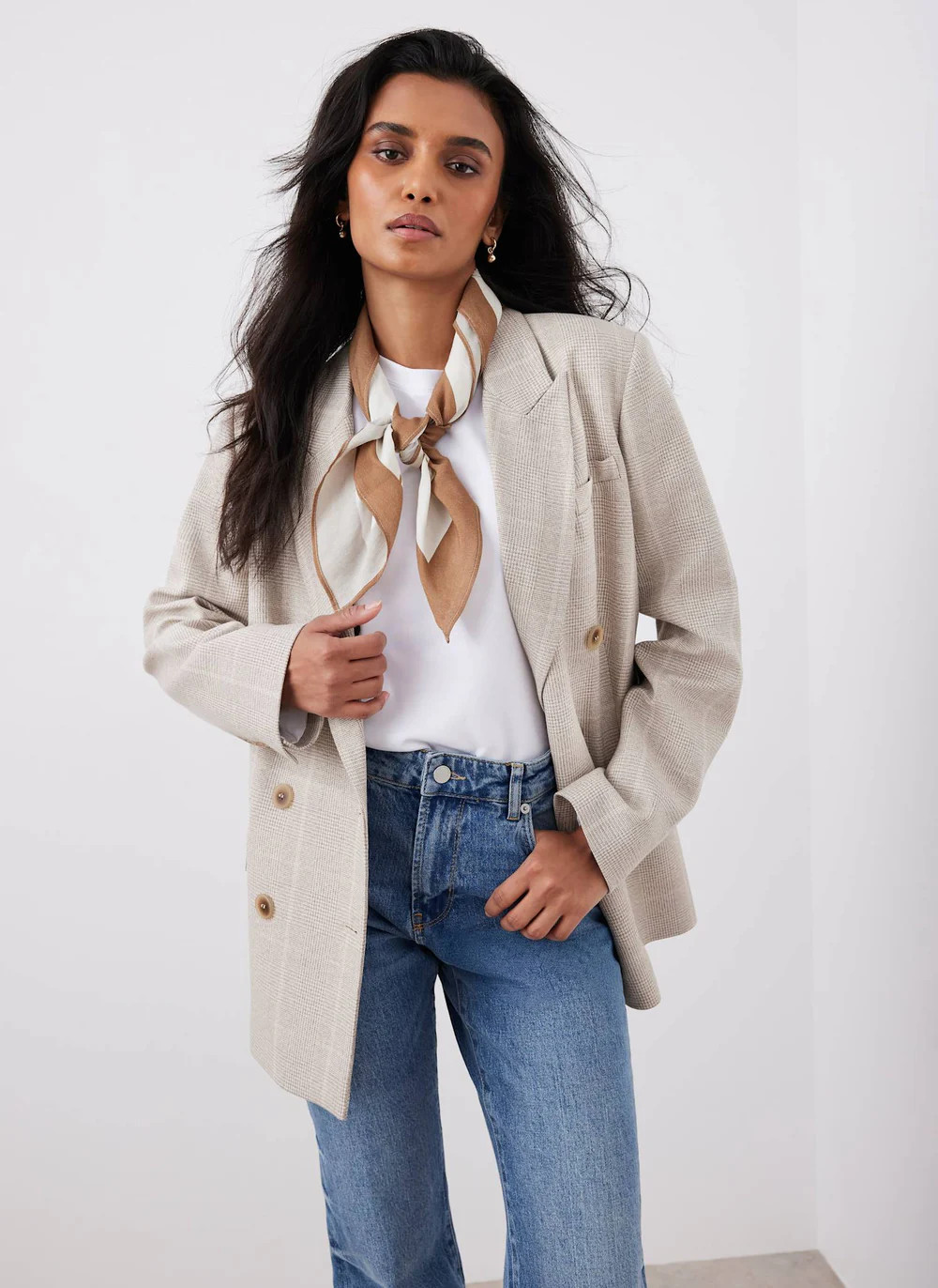 Neutral Checked Double Breasted Blazer | Mint Velvet