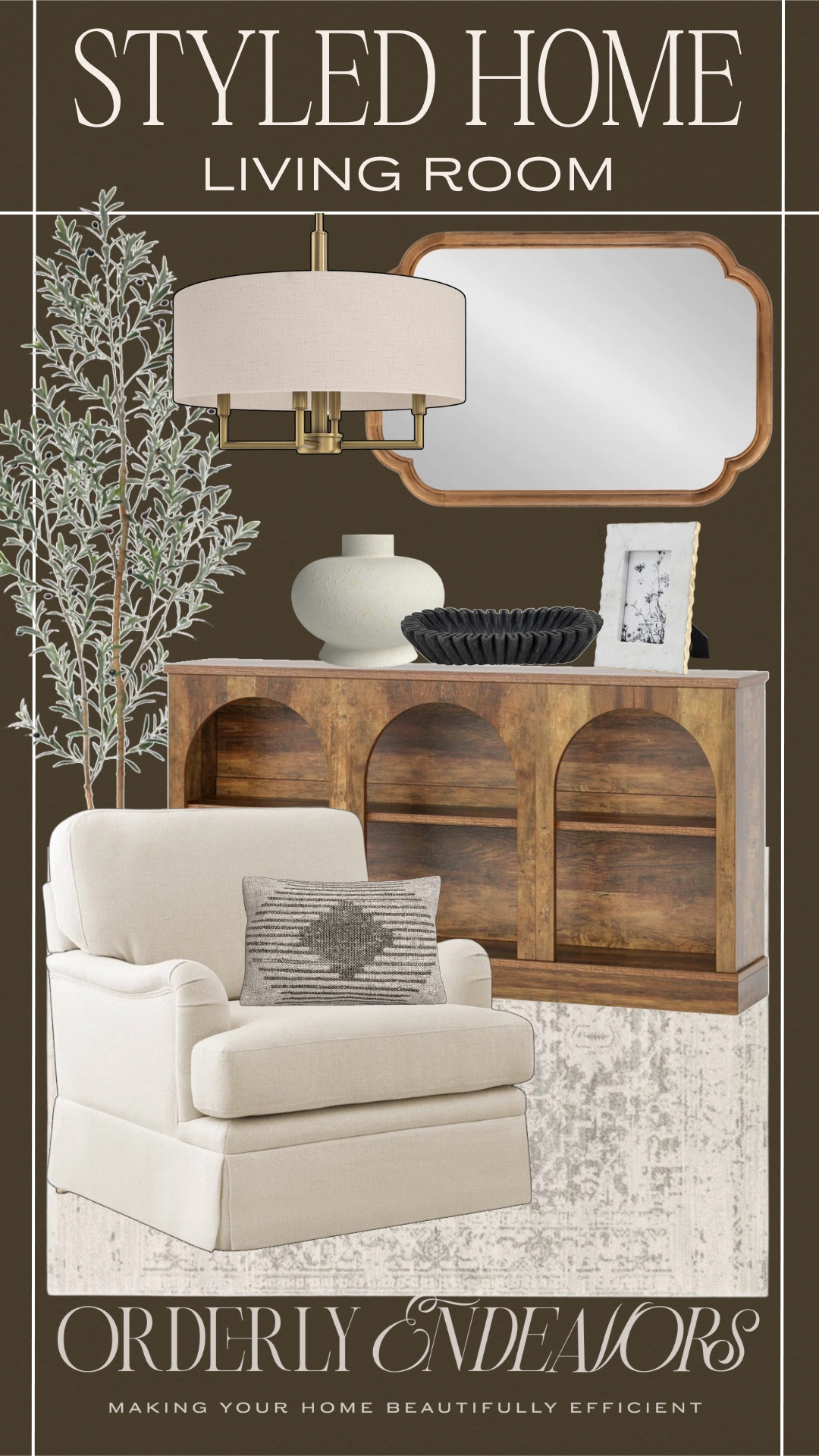 Styled living room includes wooden buffet, accent chair, throw pillow, area rug, frame, decorative bowl, vase, mirror, chandelier and faux tree.

Styled home, styled living room, neutral decor, neutral home decor 

#LTKHome #LTKFindsUnder100 #LTKStyleTip