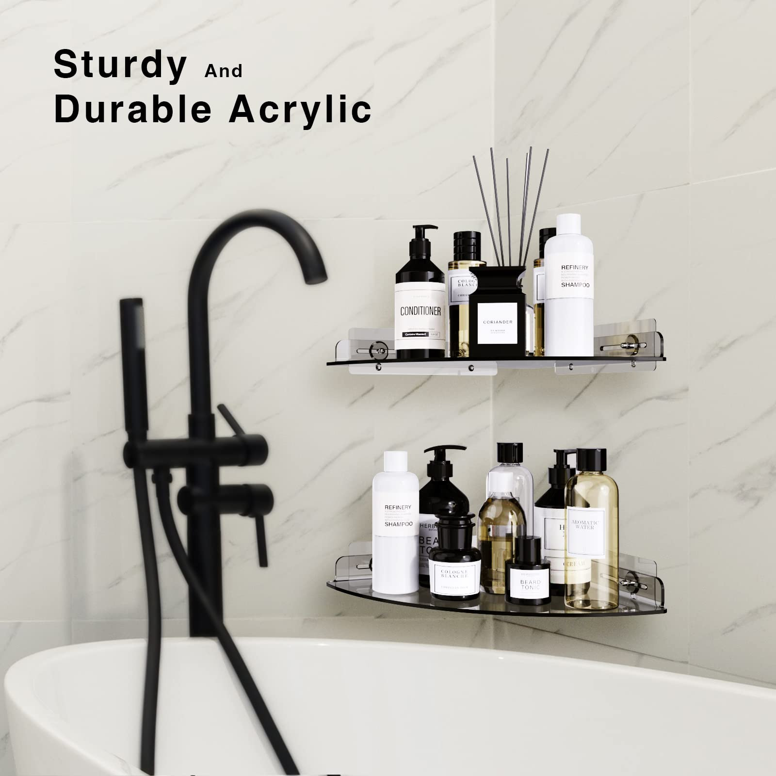 Acrylic Corner Shower Shelves, 2 Pack Adhesive Shower Caddy Organizer for Tile Walls, Wall Mounted Clear Bathroom Shower Shelves for Inside Shower & Kitchen Storage | Amazon (US)