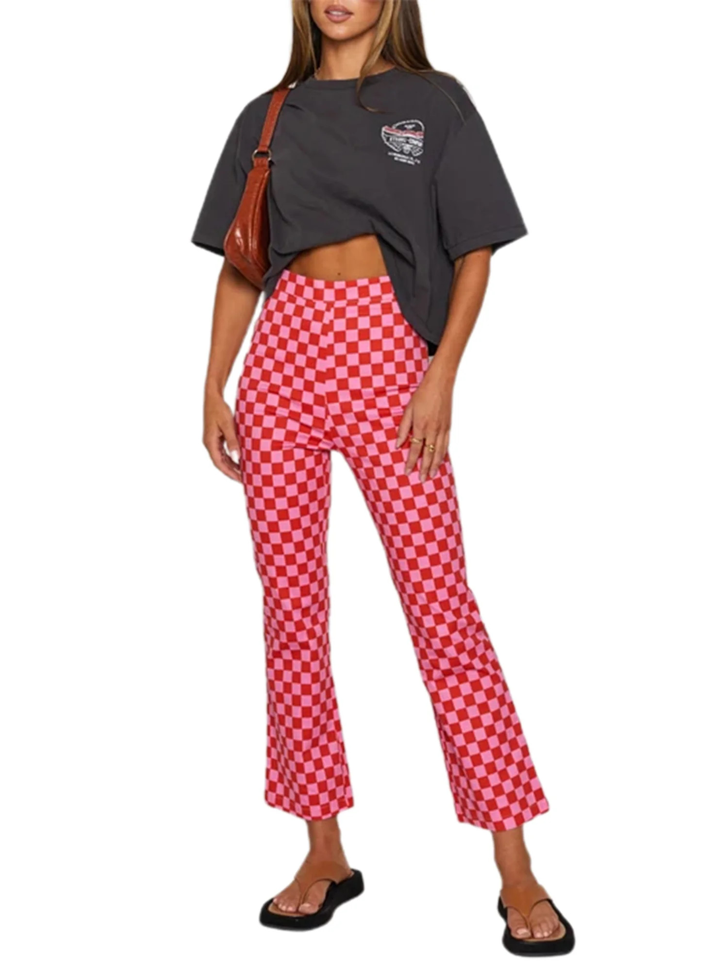 Canrulo Checkerboard Print Pants for Women High Waist Plaid Casual Trousers Pants Pink S | Walmart (US)