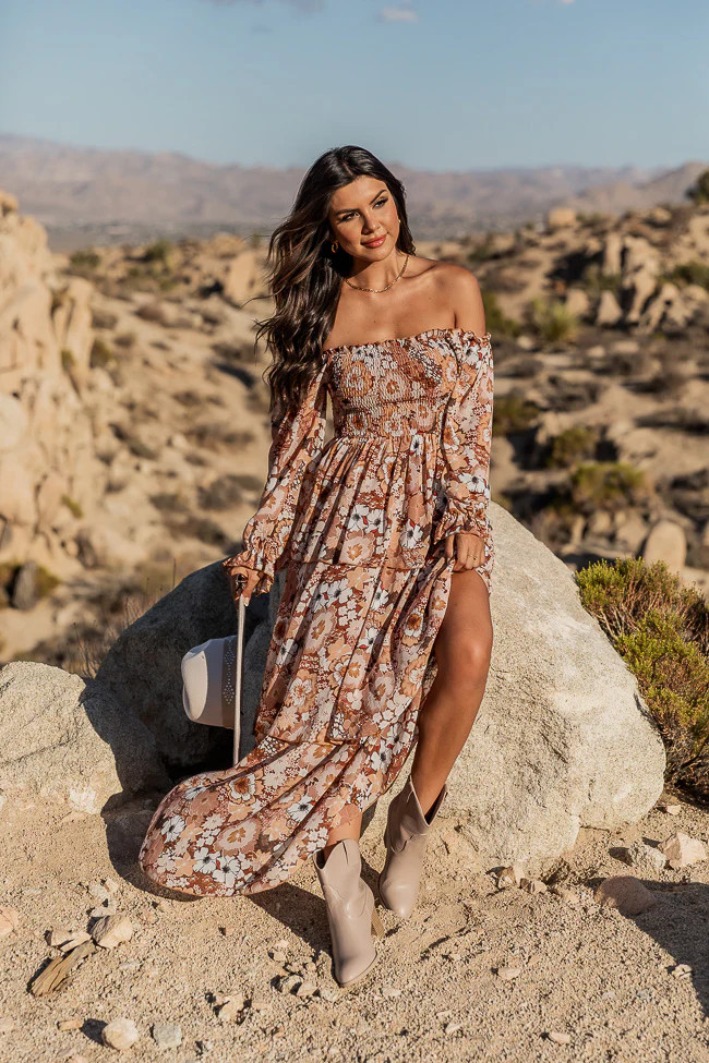 Porch Swing Kisses Brown Smocked Bust Floral Maxi Dress | Pink Lily