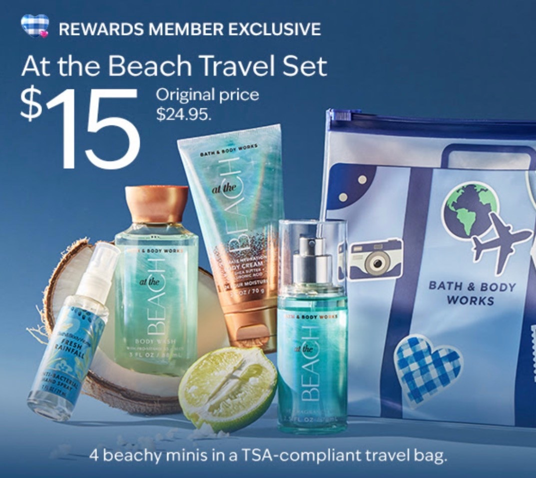 Bath & Body Works has an exclusive Travel Set available for Rewards Members for only $15 right now - a fantastic value!! The set includes travel size Beach Body Cream, Beach Body Spray, Beach Body Wash & Fresh Rainwater Hand Sanitizer Spray, plus it comes in a TSA Approved Reusable Pouch! These products smell amazing 🏖️ 

(You can also order online and pick up in store up to 5 days later if you’d like to save on shipping.)

#LTKSaleAlert #LTKTravel #LTKBeauty