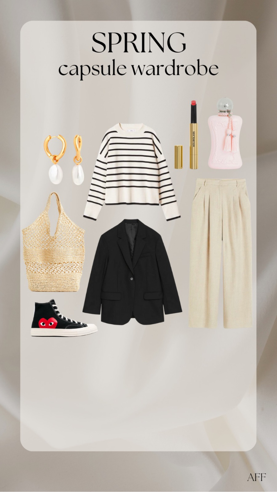 Spring capsule wardrobe outfit ideas - H&M beige tailored wide leg trousers, striped jumper, arket black wool blazer, converse, H&M basket bag, Astrid & miyu Pearl earrings, hourglass glossy balm, parfums de marly delina perfume  

#LTKeurope #LTKstyletip #LTKSeasonal
