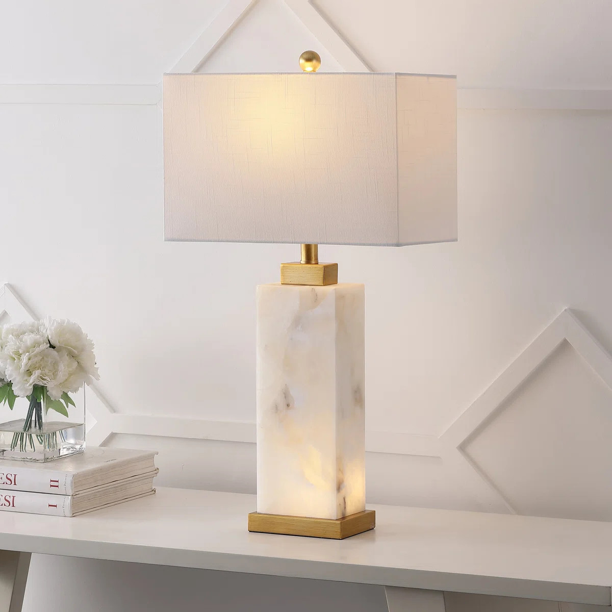 Princeton 27.5" Contemporary Coastal Rectangular Alabaster LED Table Lamp with Nightlight Base | Wayfair North America