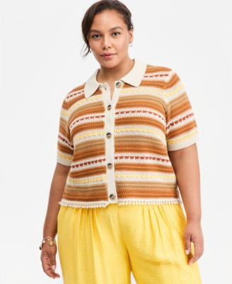 On 34th Trendy Plus Size Textured Stripe Collared Cardigan, Macy's Exclusive - Serene Ivory Co | Macy's
