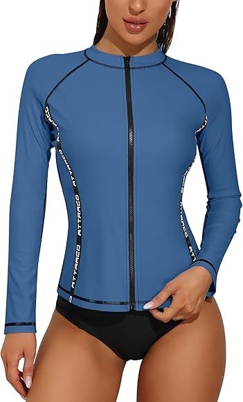 ATTRACO Rash Guard for Women Long Sleeve Swimsuits Zipper Front Printed Swim Shirt Uv Protection ... | Amazon (US)