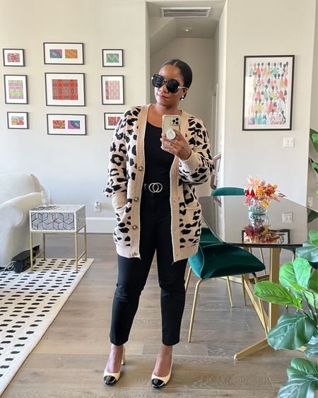 Had to go into the office for a meeting this week. Wore this business casual look - long leopard print cardigan, black @bananarepublic Sloan pants, black top, belt, and low cap toe heels. Comfortable but chic. 

#LTKunder50 #LTKworkwear #LTKunder100