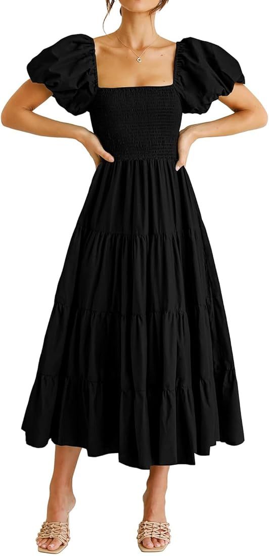 Murimia Women’s 2023 Summer Maxi Dress Square Neck Puff Sleeve Smocked Boho Beach Long Dresses | Amazon (US)