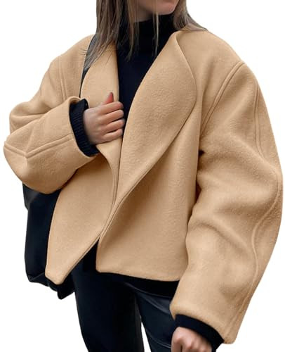 Tankaneo Womens Oversized Cropped Pea Coat Lapel Open Front Jacket Winter Short Outerwear | Amazon (US)