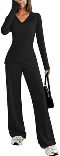 ZESICA Womens Cowl V Neck Lounge Sets Fall Long Sleeve Asymmetrical Top Wide Leg Pants 2 Piece Ma... | Amazon (US)