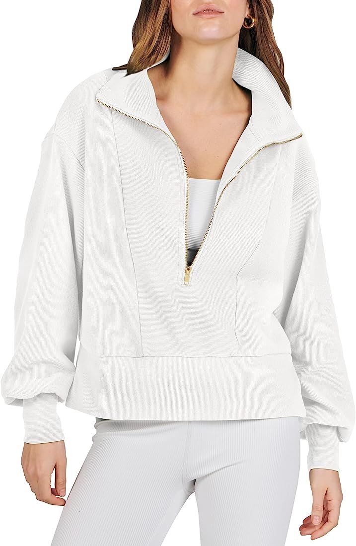 Women Half Zip Cropped Sweatshirt Casual Fleece Quarter Zip Up Rib Knit Pullover 2023 Fall Clothe... | Amazon (US)
