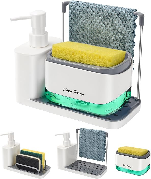 Hand and Dish Soap Dispenser Set with Tray, Dual Soap Dispenser with Sponge Holder and Dishcloth ... | Amazon (US)